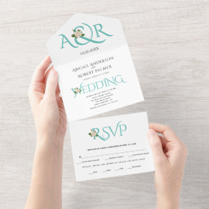 Teal blue initials and ampersand, rose wedding all in one invitation