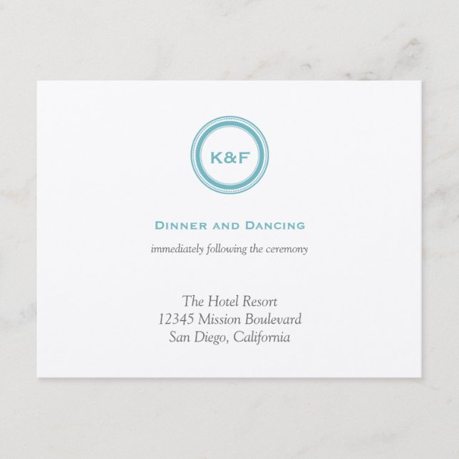 Teal blue initials wedding reception enclosure card (Front)