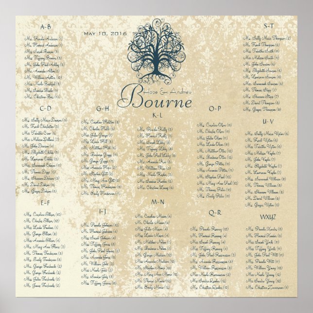 Teal Blue Ivory Swirl Tree 150 guests alphabetical Poster (Front)