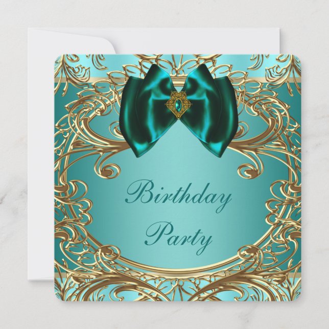 Teal Blue Jade and Gold Birthday Party Invitation (Front)