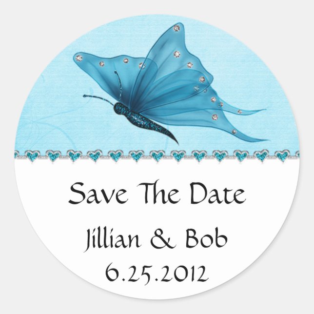 Teal Blue Jewel Hearts Teal Blue Butterfly Save Th Classic Round Sticker (Front)