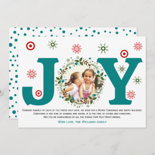 Teal blue Joy, Christmas floral wreath photo Holiday Card