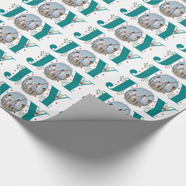 Teal blue JOY Merry Christmas holiday photo Wrapping Paper (Corner)