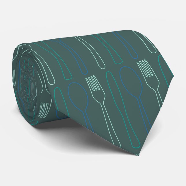 Teal Blue Knife Fork Spoon Patterned Chef Tie (Rolled)