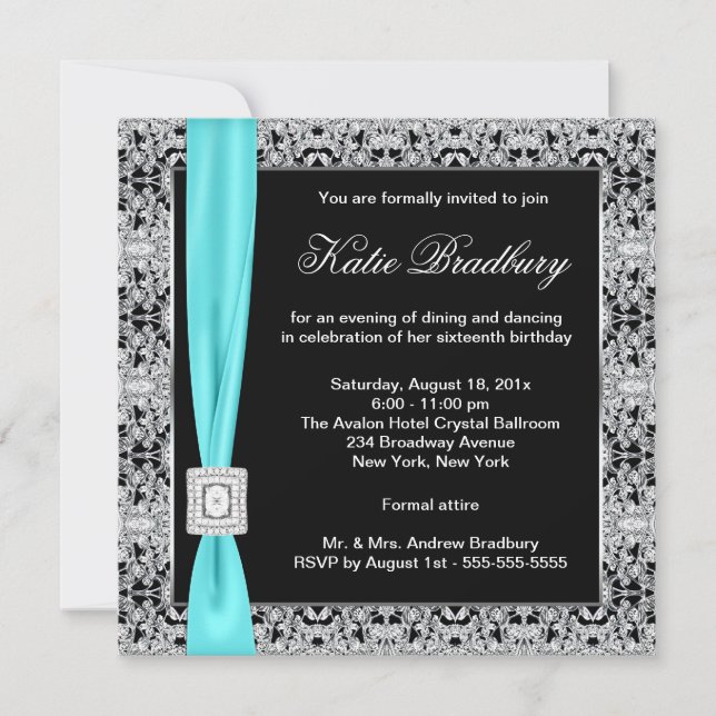 Teal Blue Lace Black Sweet Sixteen Party Invitation (Front)