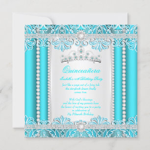 Teal Blue Lace Princess Quinceanera Diamond Invitation