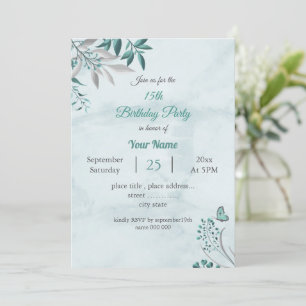 teal blue leaves botanical birthday party invitati invitation