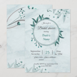 teal blue leaves floral botanical bridal shower invitation