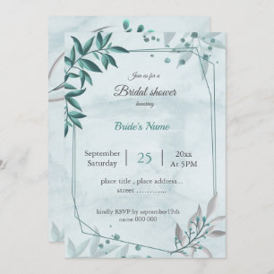 teal blue leaves floral geometric bridal shower invitation