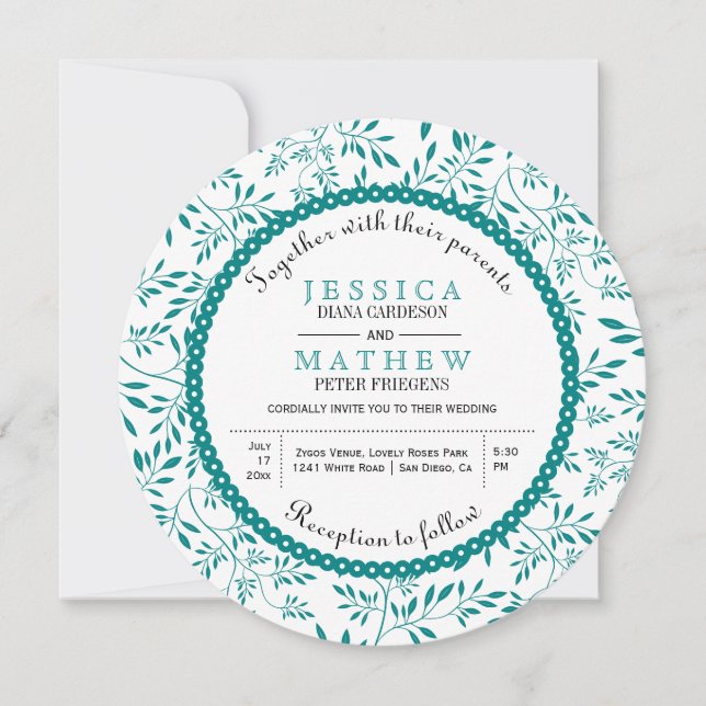 Teal blue leaves pattern modern floral wedding invitation (Front)