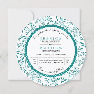 Teal blue leaves pattern modern floral wedding invitation