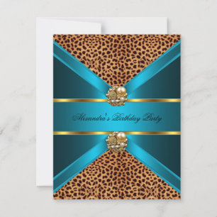 Teal Blue leopard gold Elegant Black Birthday Invitation