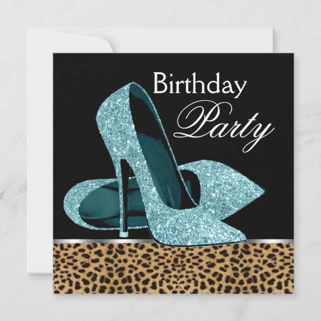 Teal Blue Leopard High Heels Birthday Party Invitation (Front)