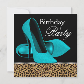 Teal Blue Leopard High Heels Birthday Party Invitation