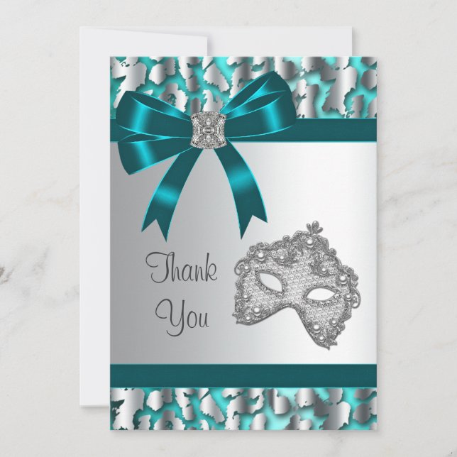 Teal Blue Leopard Masquerade Party Thank You Card (Front)