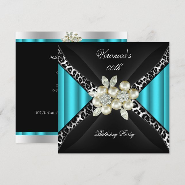 Teal Blue Leopard Pearl Diamond Birthday Party Invitation (Front/Back)