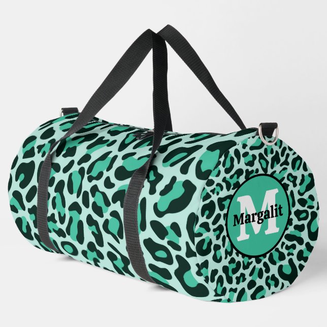 Teal Blue Leopard Print Monogram Large Duffel Bag (Left Corner)