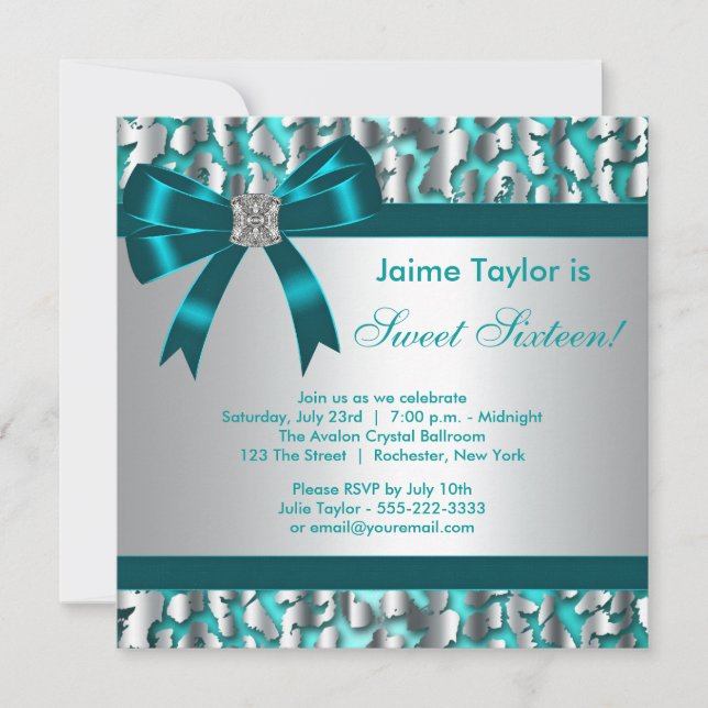 Teal Blue Leopard Sweet 16 Birthday Party Invitation (Front)