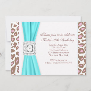 Teal Blue Leopard Sweet Sixteen Birthday Party Invitation