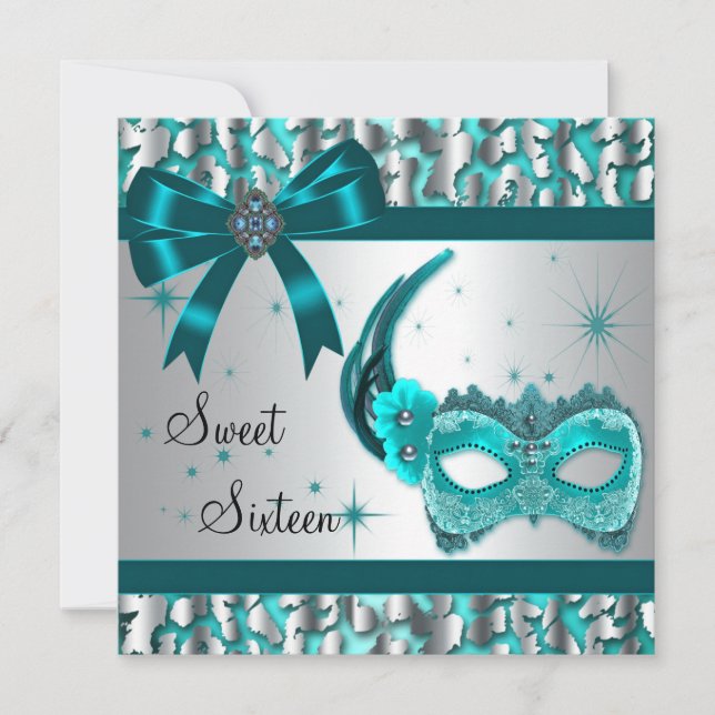 Teal Blue Leopard Sweet Sixteen Masquerade Party Invitation (Front)