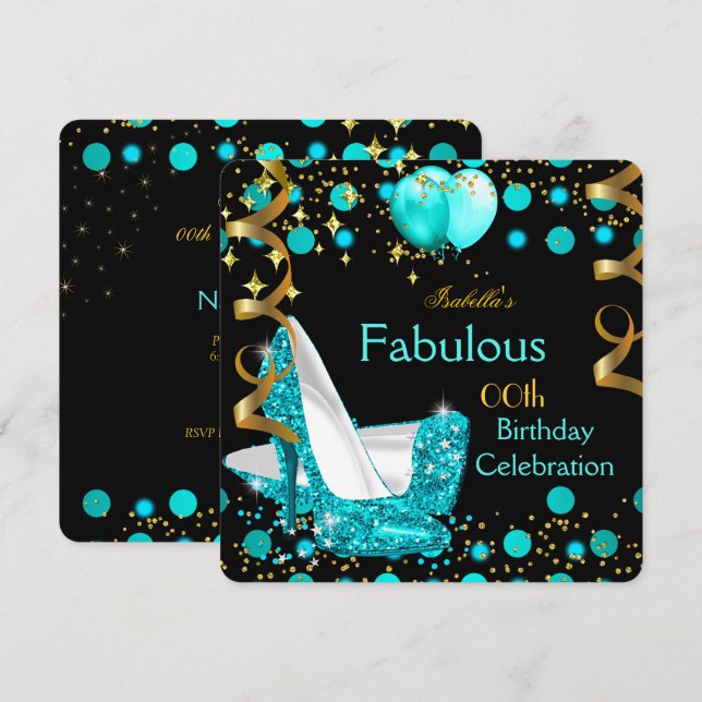 Teal Blue Lights High Heels Gold Birthday Party Invitation (Front/Back)