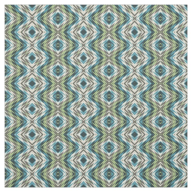 Teal Blue Lime Green Taupe Aztec Mosaic Pattern Fabric (Swatch)