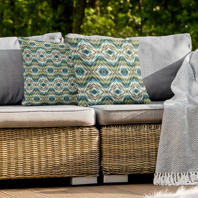 Teal Blue Lime Green Taupe Brown Ivory Tribal Art Cushion (Creator Uploaded)
