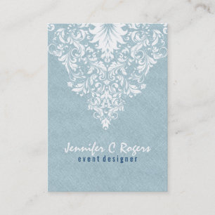 Teal Blue Linen Texture White Floral Lace Business Card