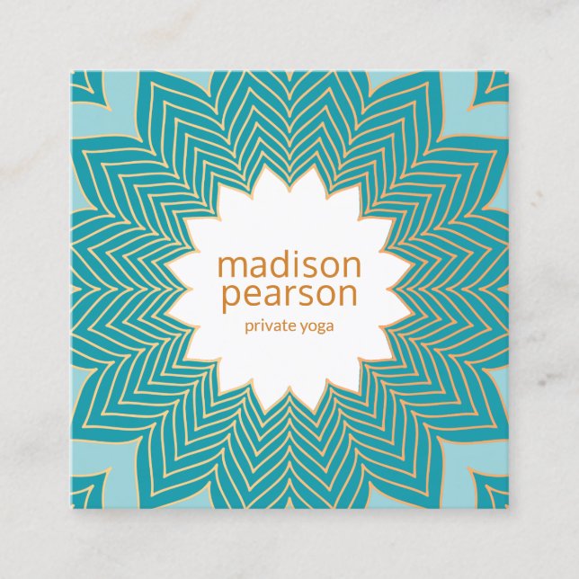 Teal Blue Lotus Mandala Flower Yoga Teacher Square Business Card (Front)