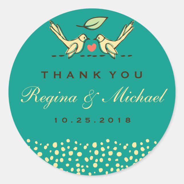 Teal Blue Love Birds Doodle Wedding Favour Sticker (Front)