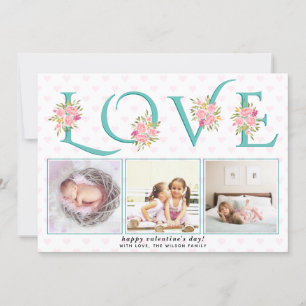 Teal blue LOVE typography photo Valentines Day Holiday Card