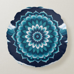 Teal Blue Mandala Flower Round Throw Pillow Boho