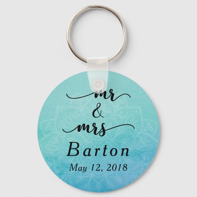 Teal & Blue Mandala Wedding Celebration Key Ring (Front)