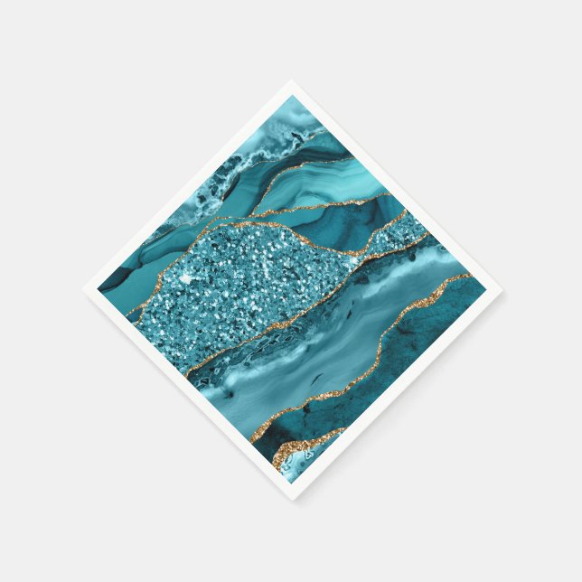 Teal Blue Marble Geode Gold Glitter Agate Napkin (Corner)