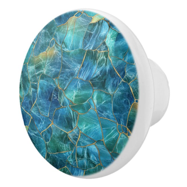 Teal Blue Marble Texture with Gold Veins Ceramic Knob (Right)