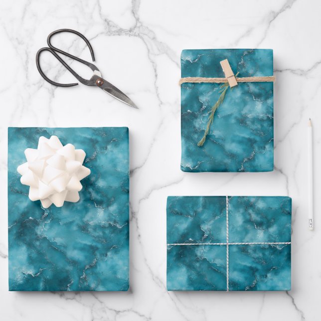 Teal Blue Marble Wrapping Paper Sheet (Front)