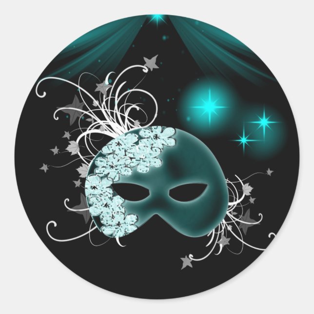 Teal Blue Mardi Gras Mask Envelope Seal Sticker (Front)