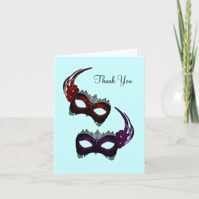 Teal Blue Mardi Gras Masks Thank You Cards (Front)