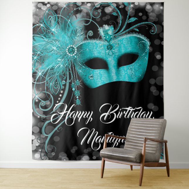 Teal Blue Masquerade Birthday Party Backdrop Tapestry (In Situ)