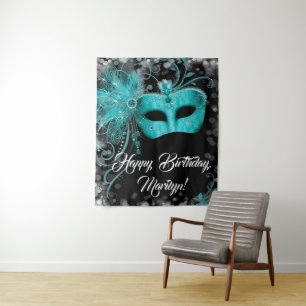 Teal Blue Masquerade Birthday Party Backdrop Tapestry