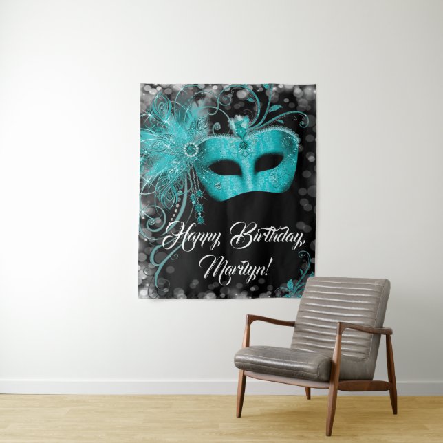 Teal Blue Masquerade Birthday Party Backdrop Tapestry (In Situ)