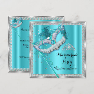 Teal Blue Masquerade Mask Quinceanera Party Invitation
