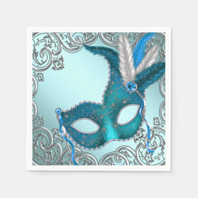 Teal Blue Masquerade Party Napkin (Front)