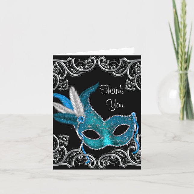 Teal Blue Masquerade Party Thank You Cards (Front)
