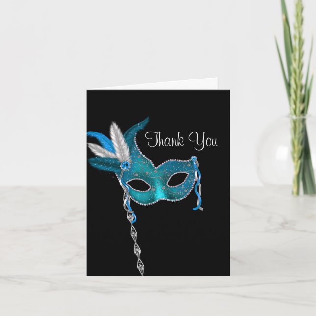 Teal Blue Masquerade Party Thank You Cards (Front)