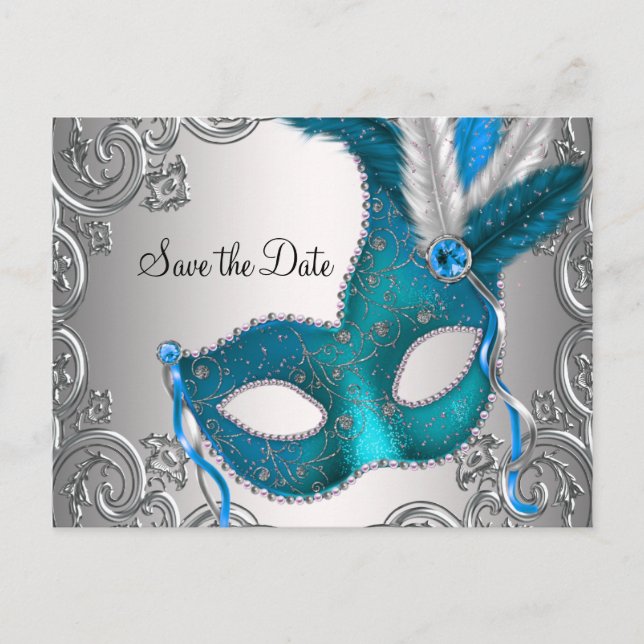 Teal Blue Masquerade Save The Date Announcement Postcard (Front)