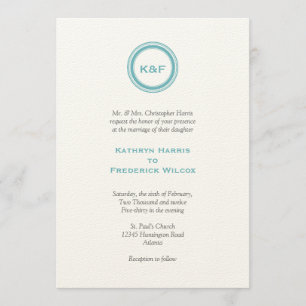 Teal blue medallion initials wedding invitation