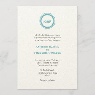 Teal blue medallion initials wedding invitation