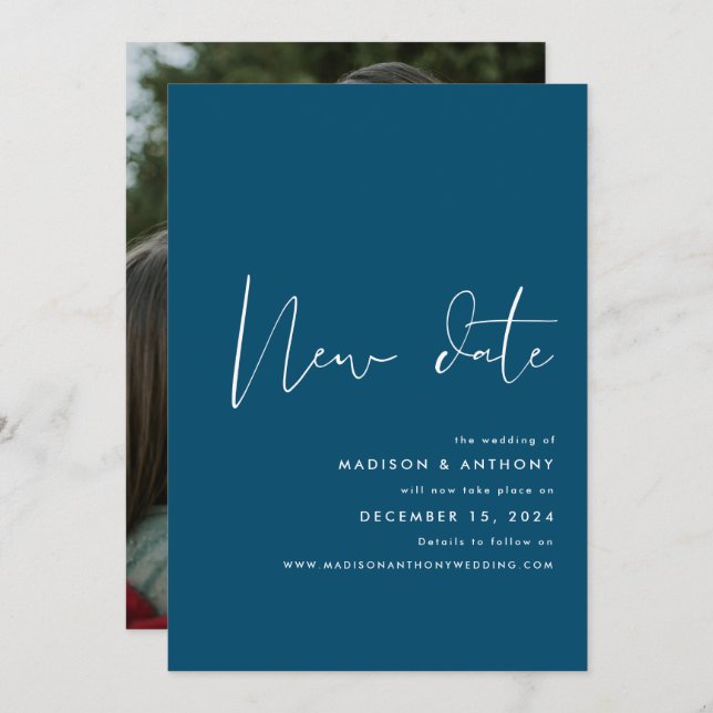 Teal Blue Minimalist Photo New Date Wedding  Announcement (Front/Back)