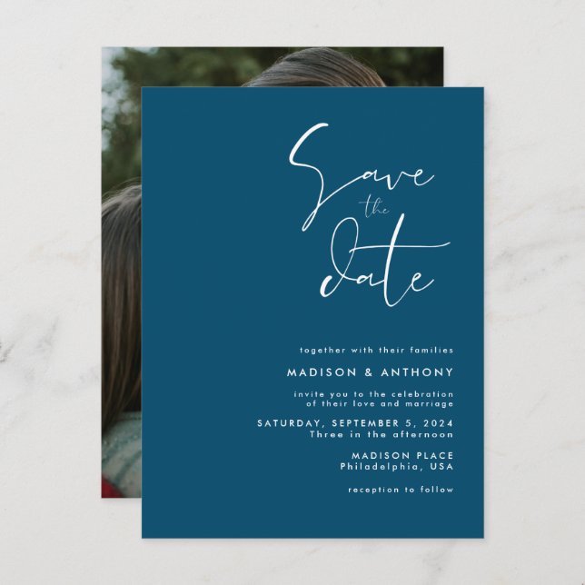 Teal Blue Minimalist Save the Date Wedding Photo Invitation Postcard (Front/Back)